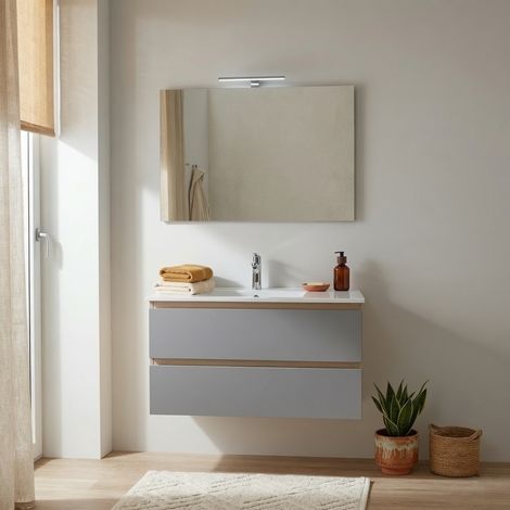 Mobile Bagno Sospeso 90 Cm Con 2 Cassetti Rovere Well E Frontali Grigio Antracite, Lavabo, Specchio E Lampada Budapest (1/5)