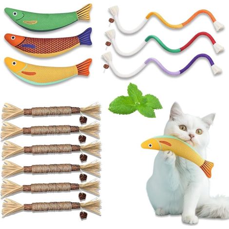 Herbe à Chat,12 Pièces Jouet pour Chat, Dont 6 bâtons à mâcher pour Chats, 3 Cordes à mâcher pour Chats et 3 Jouet Poisson à l'herbe à Chat - pour Interagir Et Nettoyer Les Dents (1/5)