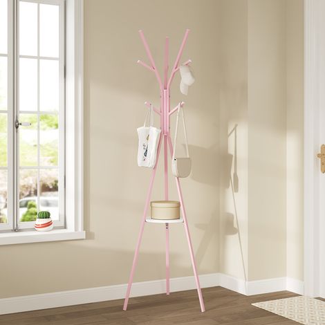 WOLTU Garderobenständer, Kleiderständer mit 9 Haken und 1 Ablage, freistehender Jackenständer, Höhe 180cm, für Wohnzimmer Büro, Rosa + Weiß