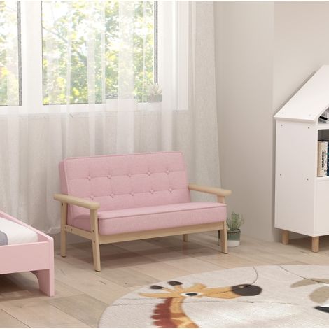 Sofá infantil de 2 plazas (77x42x48 cm), asiento acolchado, reposabrazos de apoyo, madera y tejido rosa (1/5)
