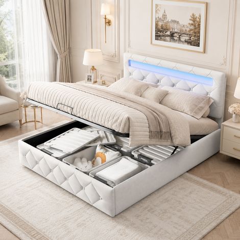 Lit coffre 160x200 avec sommier, lit capitonné avec tête de réglable et éclairage led, lit double pour adultes et adolescents, beige velours (1/5)