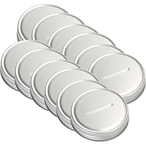 Couvercles pour bocaux Mason avec fente pour pièces, en fer-blanc argenté, large ouverture, Lot de 12, pour bocaux de conserve (1/5)