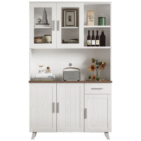 Credenza alta in legno bianco venato, dimensioni 114 x 40 x 190 cm, adatta per soggiorno e sala da pranzo.