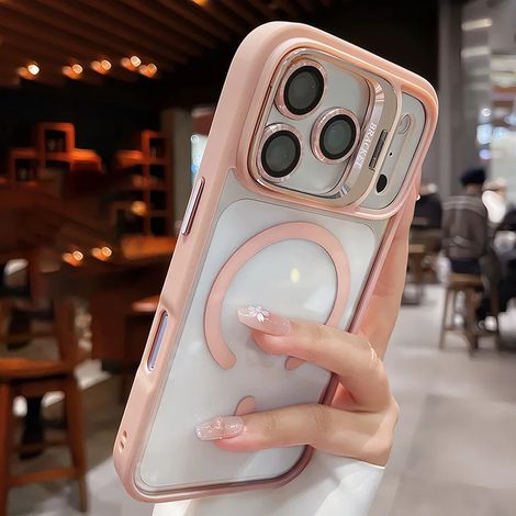 (iPhone 11 rose) Coque magnétique transparente, support en acrylique, lentille en verre