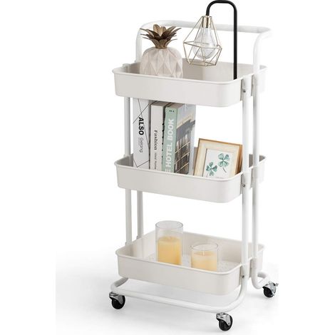 Carrello con 3 cesti e Maniglia, Carrello Multifunzione con Ruote, 87 x 35 x 42 cm,Nero/Bianco (Bianco) (1/4)