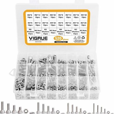 Kit 520PCS M3 M4 M5 M6 en Acier inoxydable Bouton à tête hexagonale Socket Tête Câble Boulons Vis avec écrous Assortiment