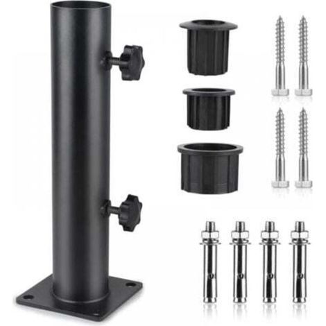 Pied Parasol, Tube de Parasol, Support Parasol Metal Réglable avec 3 Anneaux de Réduction en PVC (32/38/48mm), Tube pour Pied de Parasol avec 8 Clous en Acier, Noir (1/4)
