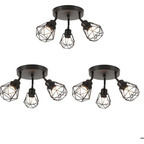 3pcs 3 Spot de Plafond Industrielle,E27 Lampe de Plafond Vintage en Métal Abat-jour en Cage Lustre Spot pour Chambre Cuisine (1/5)