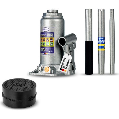 alca® Hydraulischer Unterstellheber 8t Hubhöhe 185-360mm + Gummiauflage M – Set für SUV, Transporter & Wohnmobile, Doppelkolben, GS & TÜV zertifiziert, präzise Höhenverstellung, Anti-Rutsch
