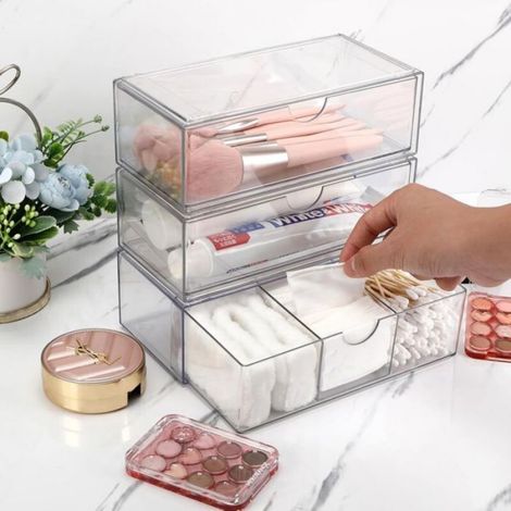 Organiseurs de maquillage en acrylique, lot de 3 tiroirs empilables transparents pour salle bain et coiffeuse (1/4)