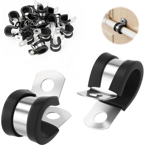 25 Pièces Collier de Fixation de Tubes 6 mm Fixation pour Tube Collier de Serrage en Acier Inoxydable 304 P-Clips Tuyau Pinces de Serrages avec Insert en Caoutchouc pour Câbles et Tuyau (1/5)