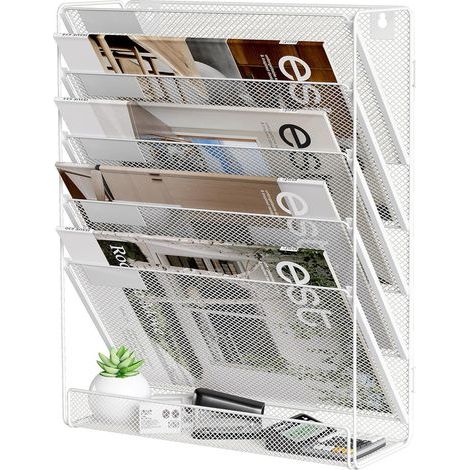 Porte - documents mural en métal 5 couches - organisateur de bureau porte - revues avec support A4 pour papier, courrier et documents - support de rangement, blanc (bureau, école, maison) (1/5)