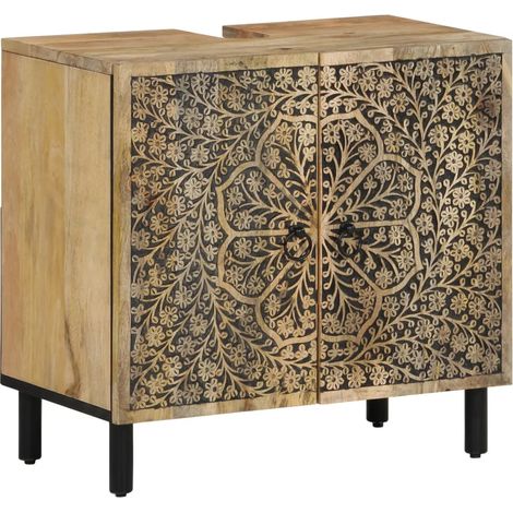 Armoire lavabo rétro salle de bain 62 x 33 x 58 cm avec grand espace de rangement en bois massif manguier
