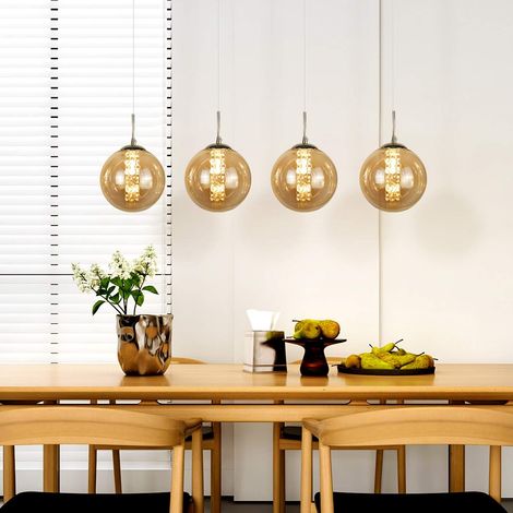 ZMH – Suspension moderne en verre ambré – 4 abat-jours ronds – Hauteur réglable 80-150cm – Pour table à manger, salon, cuisine