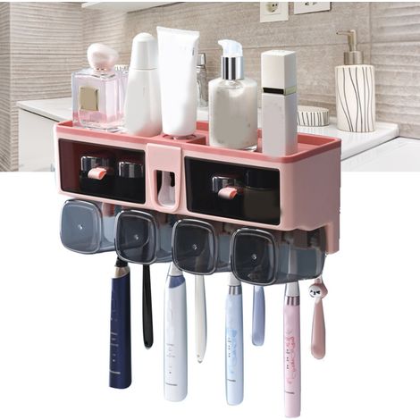 Étagère à brosses à dents murale sans perçage, porte-gobelets pour bain de bouche, support de rangement pour toilettes rose, 4 gobelets (1/5)
