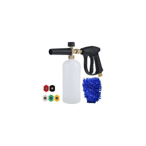 Pistolet à Haute Pression Cannon à Mousse, 1L Réglable 1/4 Rapide Lance de Mousse de Neige Distributeur de Savon Bouteille avec 5 Buses et 1 Gant, pour Nettoyer les Motos et les Voitures, 8 pièces (1/5)