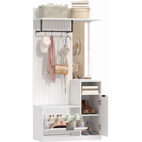 Porte-manteau - HOMCOM - 6 en 1 - banc à chaussures, miroir, tiroir basculant, étagères réglables, 4 crochets - 80x36x168cm - blanc (1/5)