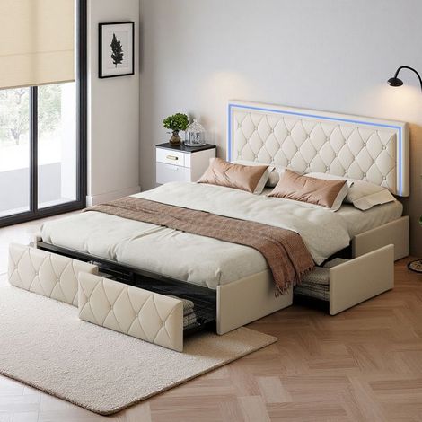 Letto 140x200 cm, TT01, LED regolabile, Lusso moderno e leggero, letto per adulti, struttura letto matrimoniale 140x200 cm, PU, Beige