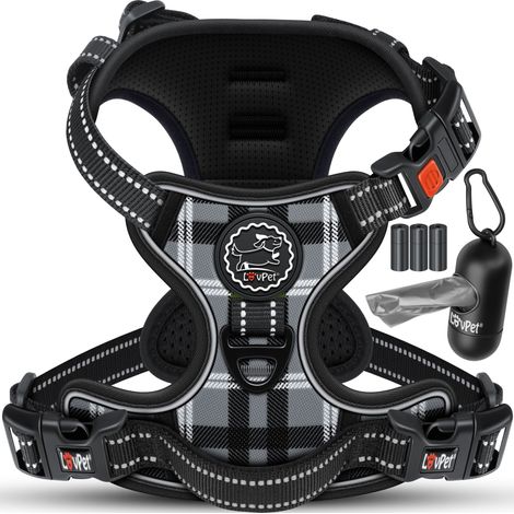 Lovpet® Hundegeschirr ohne Zug & würgen für Hunde & Welpen  atmungsaktiv & weich Brustgeschirr reflektierend  No-Pull-Geschirr inkl. Beutelrollen   Grau / L