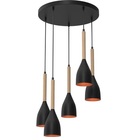 Suspension Muza Luminex 5xE27 noir mat/bois Ø51cm or