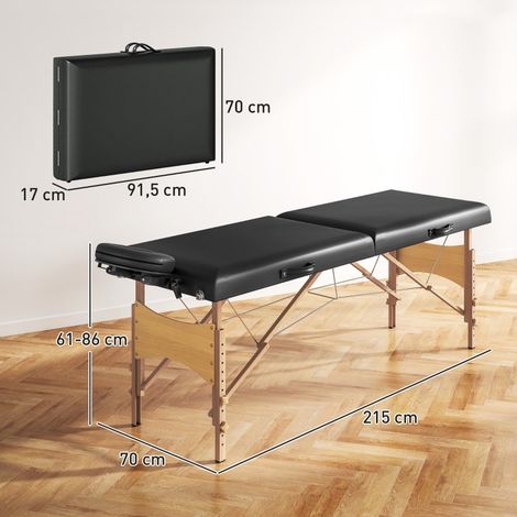 Table de massage pliable 2 zones, réglable en hauteur, 70 cm de large avec repose-tête, pieds en bois, lit de massage noir pour soins esthétiques et bien-être (1/5)
