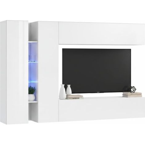 Dmora - Parete attrezzata Enstatite, Set salotto porta TV a 4 ante, Mobile soggiorno multiuso, 100% Made in Italy, cm 280x30x180, Bianco lucido (1/5)