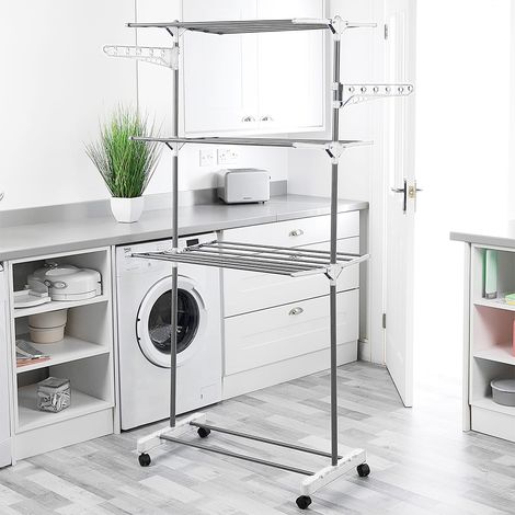 Séchoir à linge inox étendoir pliable séchoir à trois niveaux BLANC (1/5)