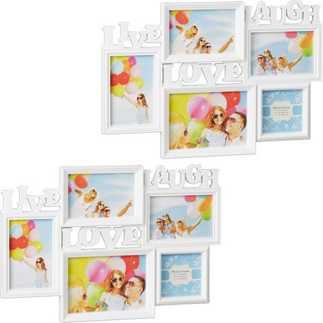 2 x Marcos de Fotos Múltiples Colgante Live Love Laugh, Plástico, 31 x 45.5 x 2 cm, Blanco