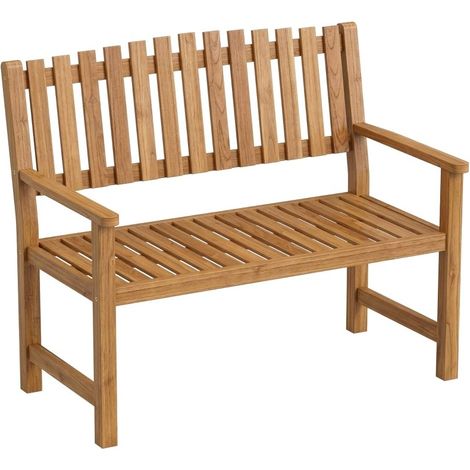 Banco de jardín de dos plazas de madera natural resistente a la intemperie, diseño de listones con reposabrazos, capacidad de carga hasta 320 kg, dimensiones 112×64×92 cm (1/4)