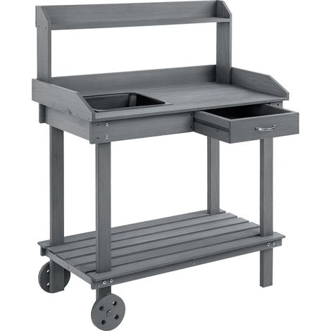 Outsunny Pflanztisch mit Schublade 2 Stufen Gärtnertisch mit waschbecken und Rollen Garten Tannenholz Grau 92 x 45 x 119 cm
