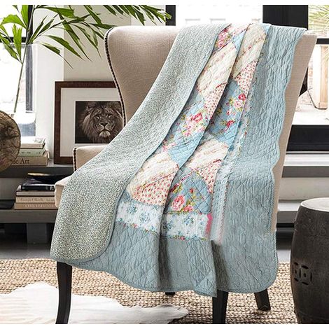 Couvre-lit réversible 100% Coton Patchwork Floral Bleu Vintage Shabby Chic pour canapé (1/5)