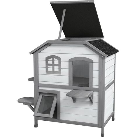 Maison pour chats à deux étages intérieur/extérieur avec porte de secours, abri pour chats, couleur blanc (1/5)