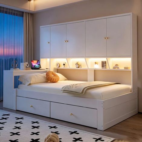 Multifunktionsbett 90x200 cm mit schreibtisch stauraum und schubladen - hochbett mit led-beleuchtung und steckdosen mdf weiß für jugendzimmer inklusive lattenrost (1/5)