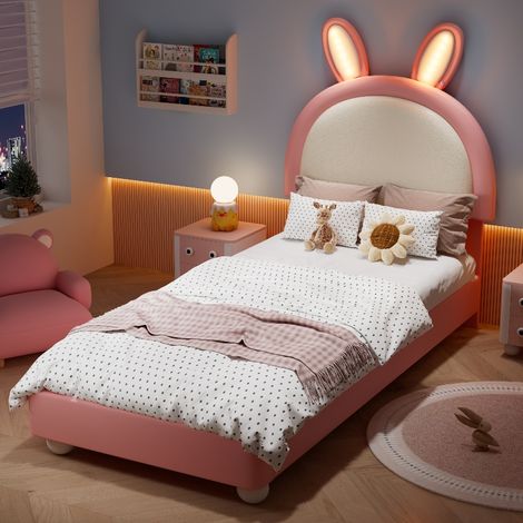 Kinderbett 90x200 Mädchenbett mit LED-Beleuchtung und Hasen-Kopfteil, Polsterbett Rosa Weiß aus PU-Leder, Einzelbett mit Lattenrost (1/5)