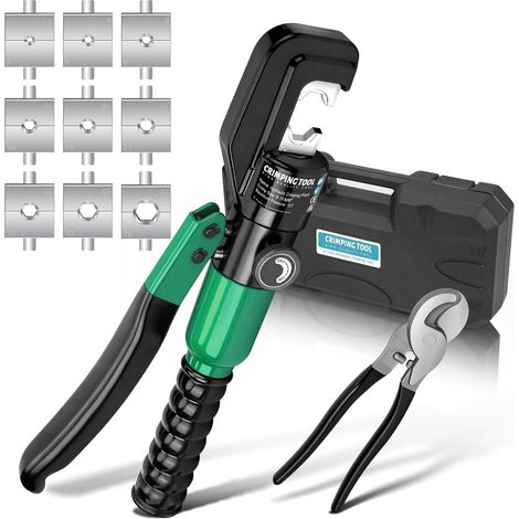 Hydraulische Crimpzange Presszange mit Kabelschere, 9 Sätzen der Crimpformen 4-70 mm² für Kabelarbeiten, Autoreparatur, Drahtgitter-Leitplanken Grün (1/5)