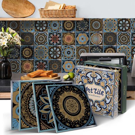 12 Autocollants pour carrelage mural- Motif floral géométrique - 1515cm - Autocollant autocollant, imperméable et résistant à l'humidité (1/4)