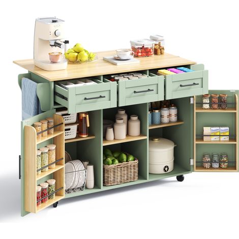 Kücheninsel rollbar mit Klappplatte Holzoptik Grün, 139 x 71 x 91,5cm (1/5)