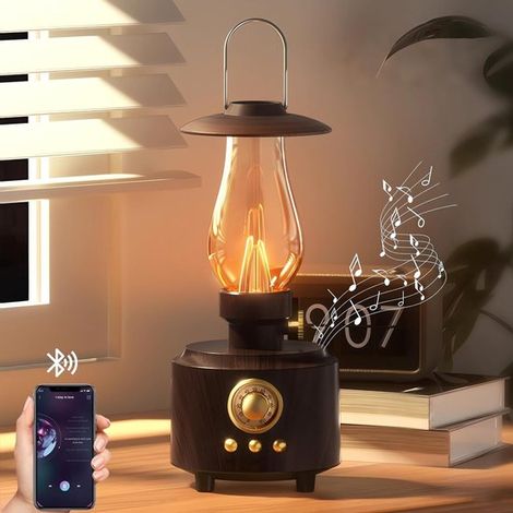 Lampe de Table Vintage Pétrole avec Haut-Parleur Bluetooth - Lumière LED Rechargeable Dimmable Infiniment pour Chambre à Coucher - Veilleuse étanche IPX4 pour Camping & Fête - Grain de Bois - Décorati (1/5)