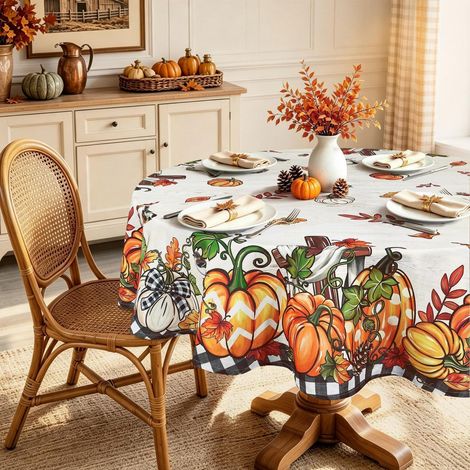 Nappe ronde 180 cm avec motif citrouille, lavable, polyester