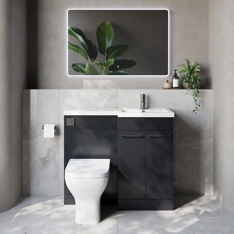 Napoli 390 Gloss Grey 1000mm 2 Door Vanity Unit Toilet Suite with Right Hand Square Lucia Basin - 1000mm - Gunmetal Grey 160mm HandleWith Kingston Toilet Pan and Seat