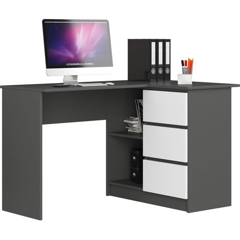 Escritorio esquinero AKORD B16 Grafito Gris 124 cm con lado derecho 3 cajones frente en color Blanco 2 estantes 124x85x77 cm