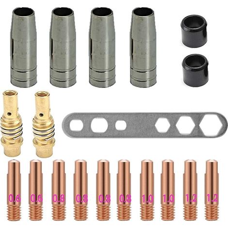 15AK MIG MAG Embouts de Contact de Buse de Soudage Consomable Kit (10 x Tube de Contact M6 0,8 mm, 4 x Buse, 2 x Connecteur, 2 x Isolant, 1 x Outil), 19 Pièces