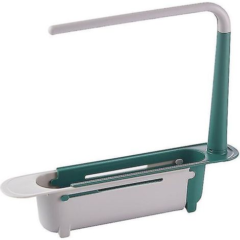 Étagère télescopique verte pour évier avec support de rangement coulissant multifonctionnel pour ustensiles de cuisine et torchons. (1/5)