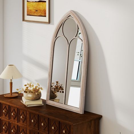 Miroir fenêtre arqué gris rustique avec cadre en métal et verre anti-éclats 4 mm, à suspendre ou poser, pour salon entrée jardin (1/5)