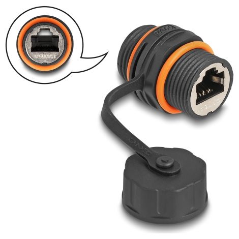 Delock Conector de cable RJ45 hembra a RJ45 hembra Cat.6A con rosca M20 y tapa protectora IP68 resistente al polvo y al agua
