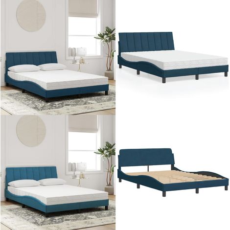 Bett mit Matratze "Hanko" Blau 140x200 cm Samt - Samtbett - Matratze mit Schaumstoff (1/5)