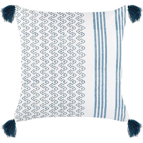 Coussin en Coton Blanc et Bleu 45 x 45 cm à Rayures Texturé et Pompons Tilia
