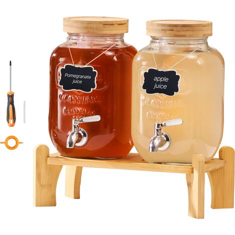 VEVOR Distributore di Bevande, 2 Pezzi da 3,8 L, Contenitore di Succhi in Vetro con Supporto in Legno, Rubinetto in Acciaio Inox, Infusore, Distributore di Te Freddo, Limonata, per Feste (1/5)