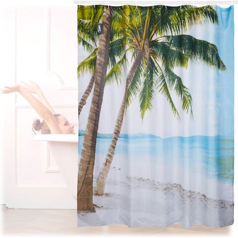 Rideau de douche 180 x 180 cm salle de bain plage sable palmier anti-moisissures, coloré (1/5)