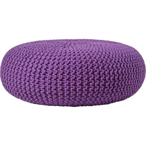 HOMESCAPES Deep Purple Large Round Cotton Knitted Pouffe Footstool